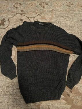 Dark Gray Crewneck Sweater with Brown and Tan Stripes